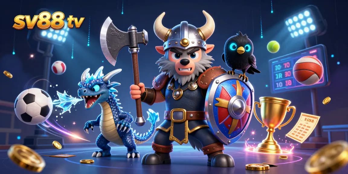 Bet on thrilling matches with sv88 tv featuring Viking warrior, dragon, and sports elements.