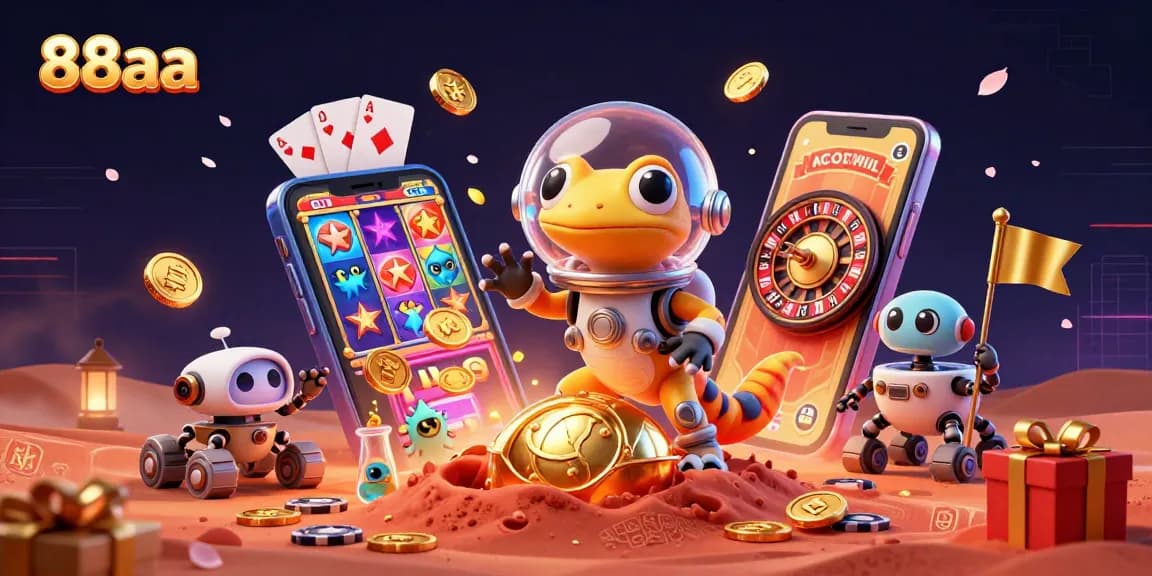 Engage with 88aa's vibrant casino universe as a Martian gecko encounters golden gaming treasures.