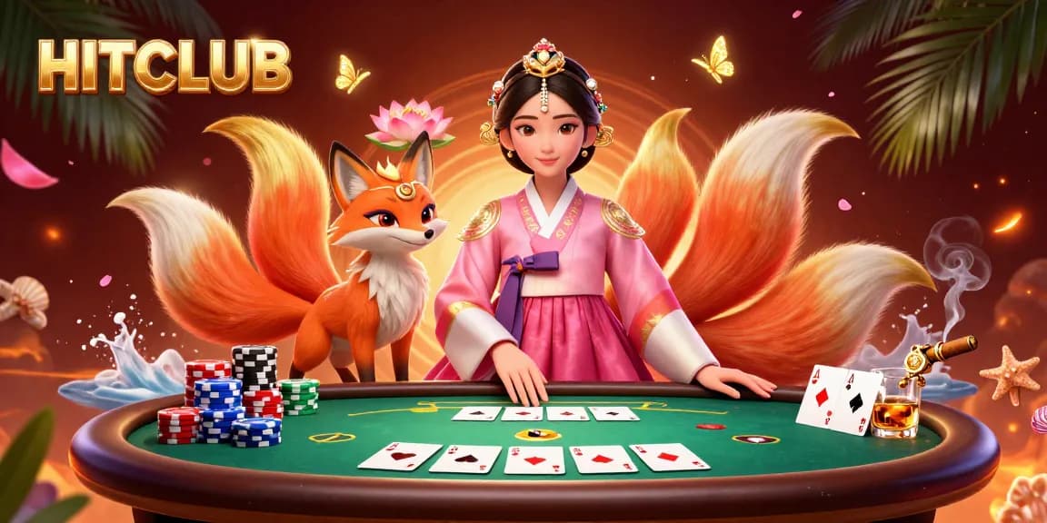 Engage with HITCLUB's exciting gambling experience at a vibrant poker table with enchanting characters.