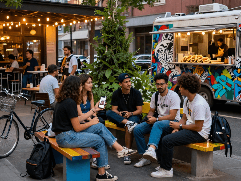 Group enjoying NSFW mobile app in vibrant urban street, showcasing lifestyle.