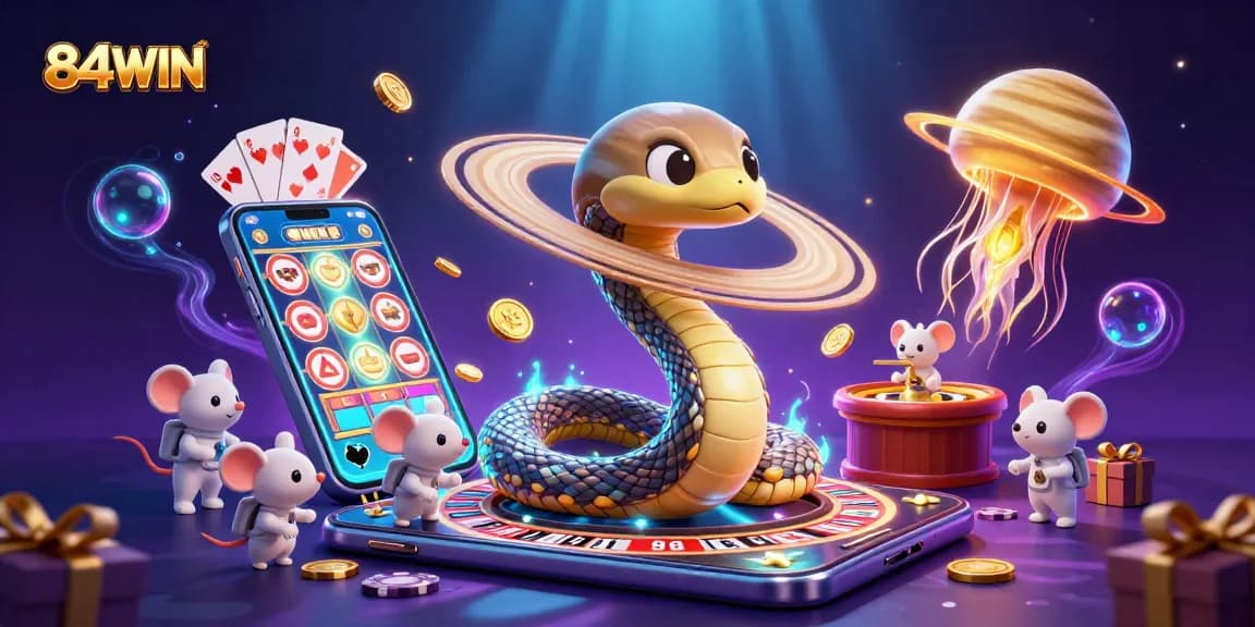 Experience the thrill of betting with 84WIN as tiny astronaut mice interact with a cosmic roulette and colorful slots.