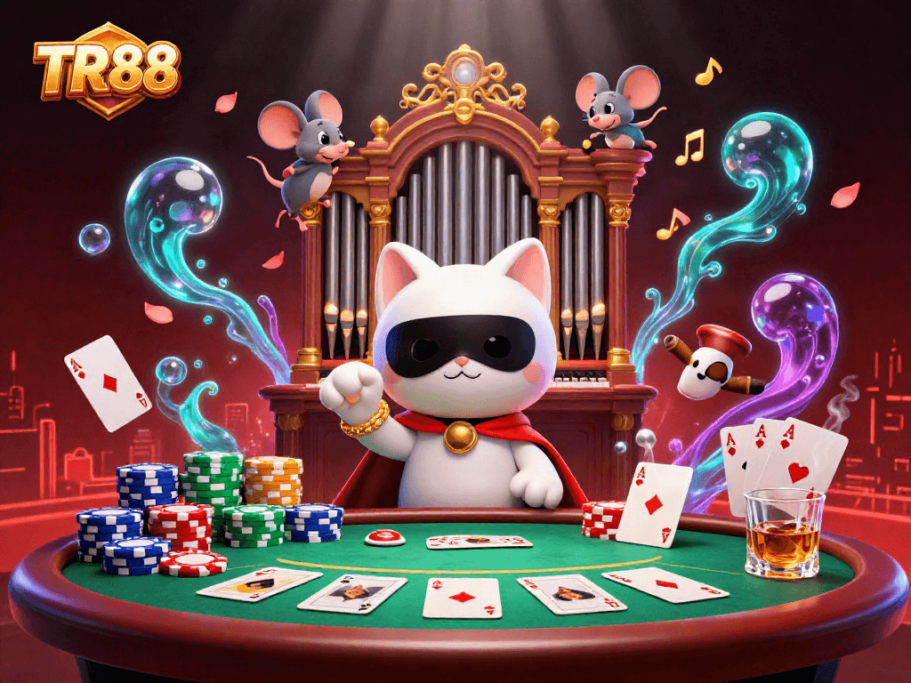 Unleash your winning potential at TR88's vibrant casino scene featuring acrobatic characters and poker elements.