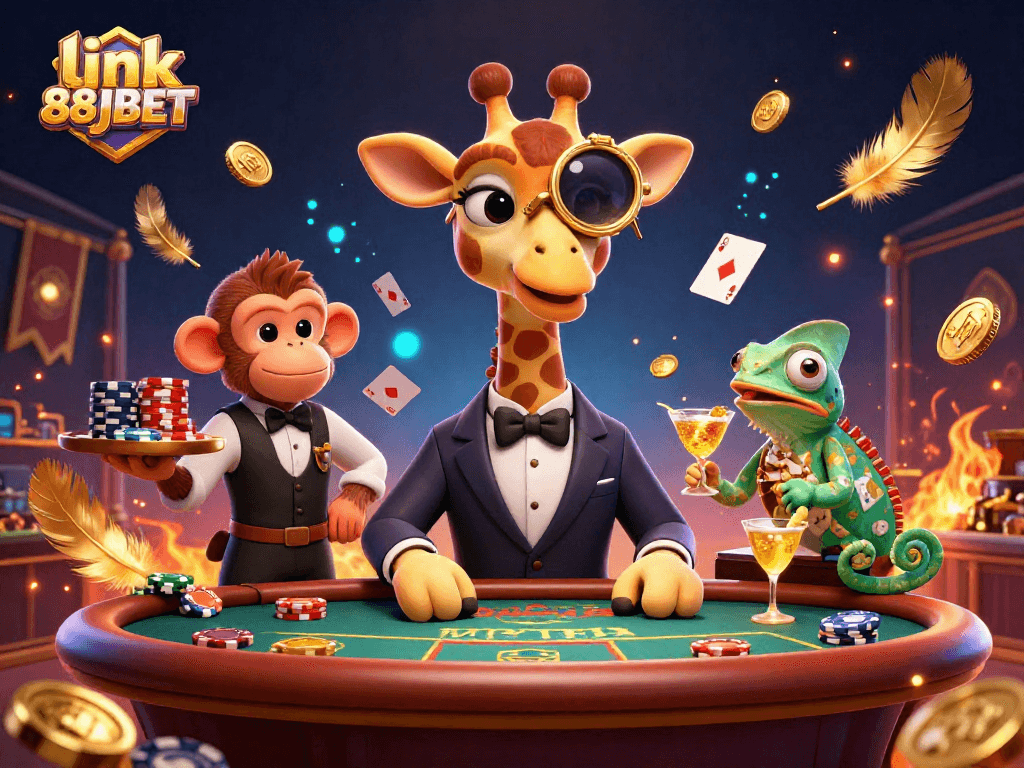 Experience the excitement of link 88JBET with a high-roller giraffe at a vibrant casino scene.