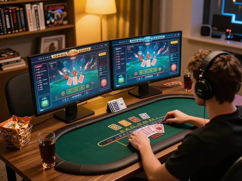 Twin68 player engaging in live blackjack game on innovative online platform with dual monitors