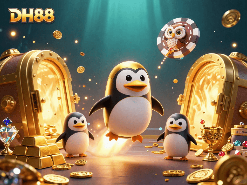 Experience the thrill of DH88 with a dynamic golden penguin and treasure-filled casino atmosphere.