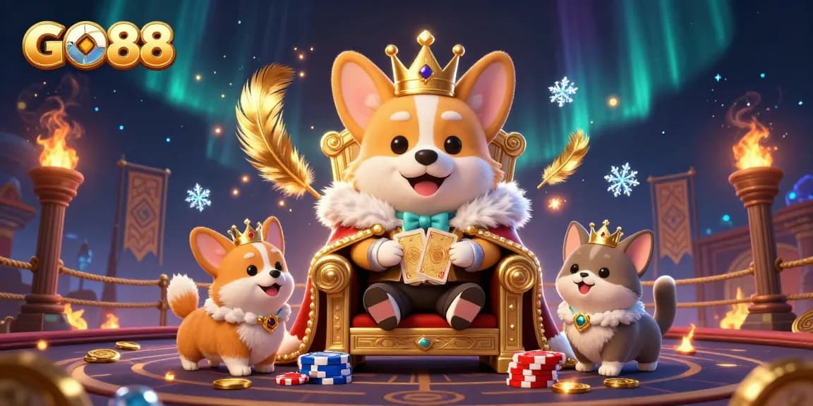 Experience thrilling jackpots at GO88 with vibrant 3D animation featuring regal corgis and casino elements.