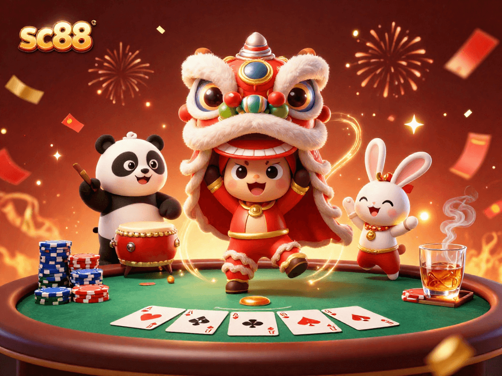 Experience the excitement of sc88 with vibrant gaming elements and festive characters celebrating casino fun.