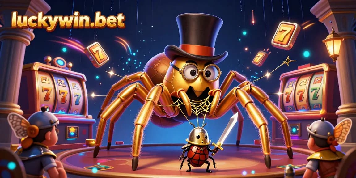 Engage in thrilling fun with luckywin-bet featuring a golden tarantula and beetle knight in a vibrant casino.