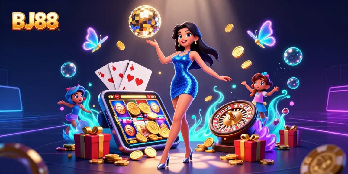BJ88 spins excitement in a vibrant 3D casino scene featuring games, prizes, and dazzling visuals.