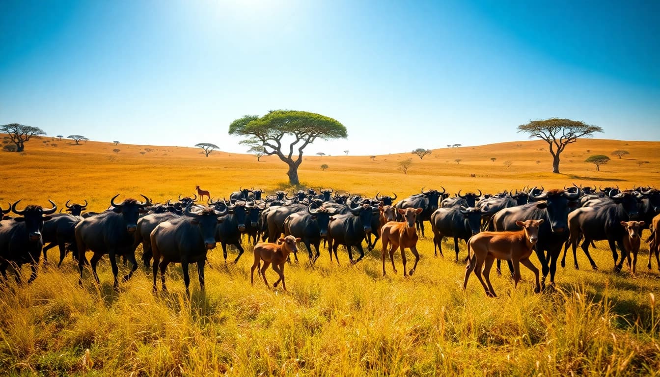 Witness the vibrant Wildebeest Calving season safari with energetic newborns in a sunlit savannah.