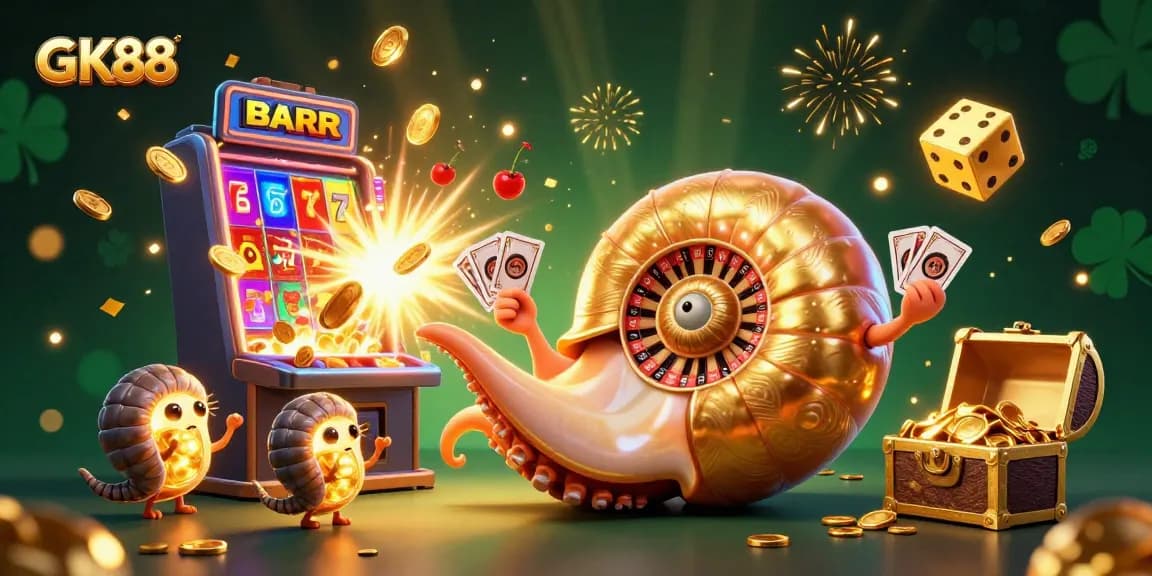 Experience thrilling GK88 gaming with a vibrant 3D casino illustration packed with excitement.