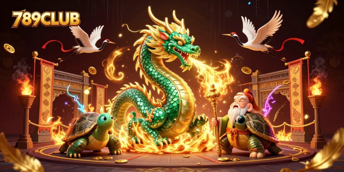 Experience the excitement of 789CLUB casino with vibrant 3D art featuring a jade dragon, lucky cranes, and golden effects.