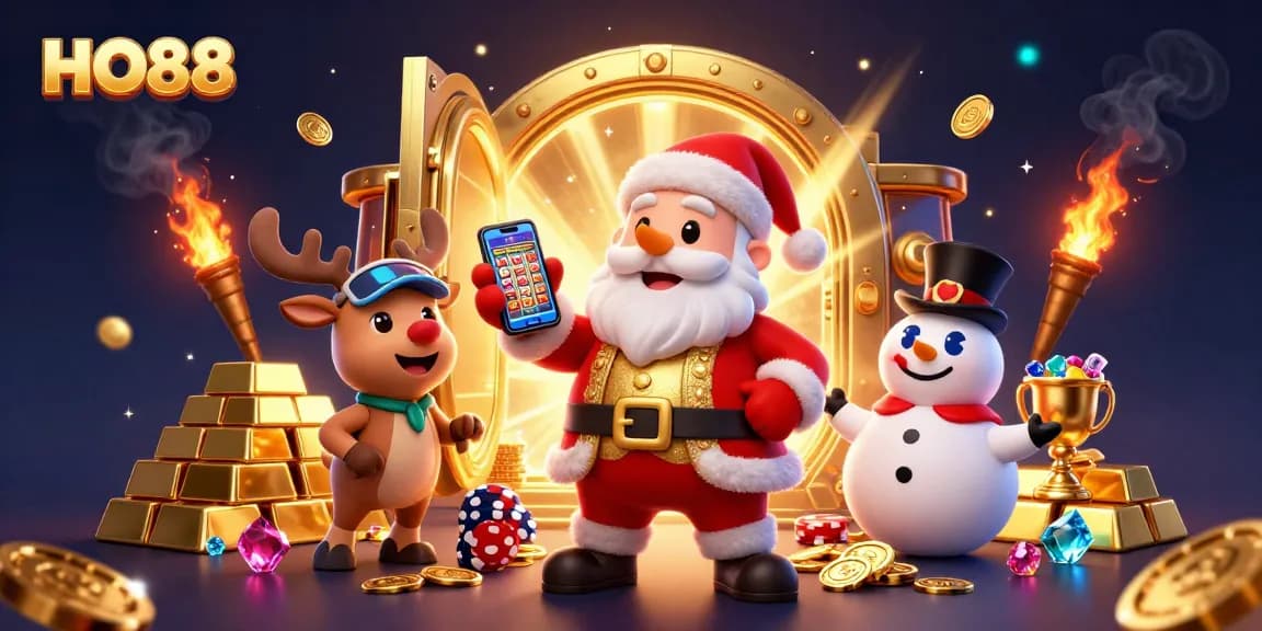 Play slots and win big at HO88 with a festive scene featuring Santa and his friends in a dazzling casino.