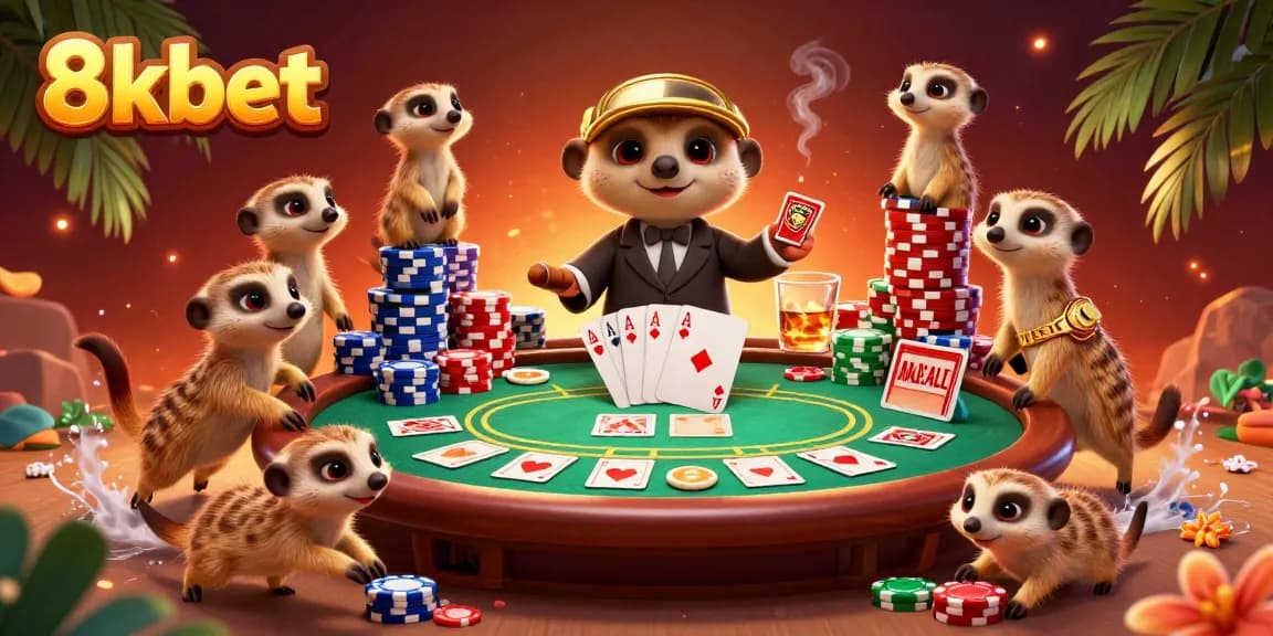 Experience thrilling action in 8xbet's lively casino scene with animated meerkats and poker elements.