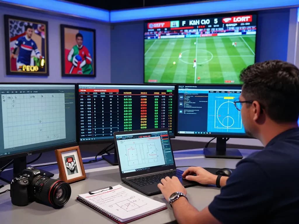 Football betting analysts reviewing kèo nhà cái with real-time statistics in a vibrant sports studio.