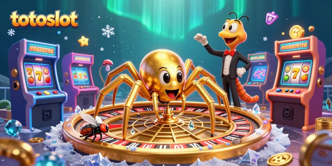 Experience thrilling bets at totoslot with a golden spider and centipede croupier in this vivid casino scene.