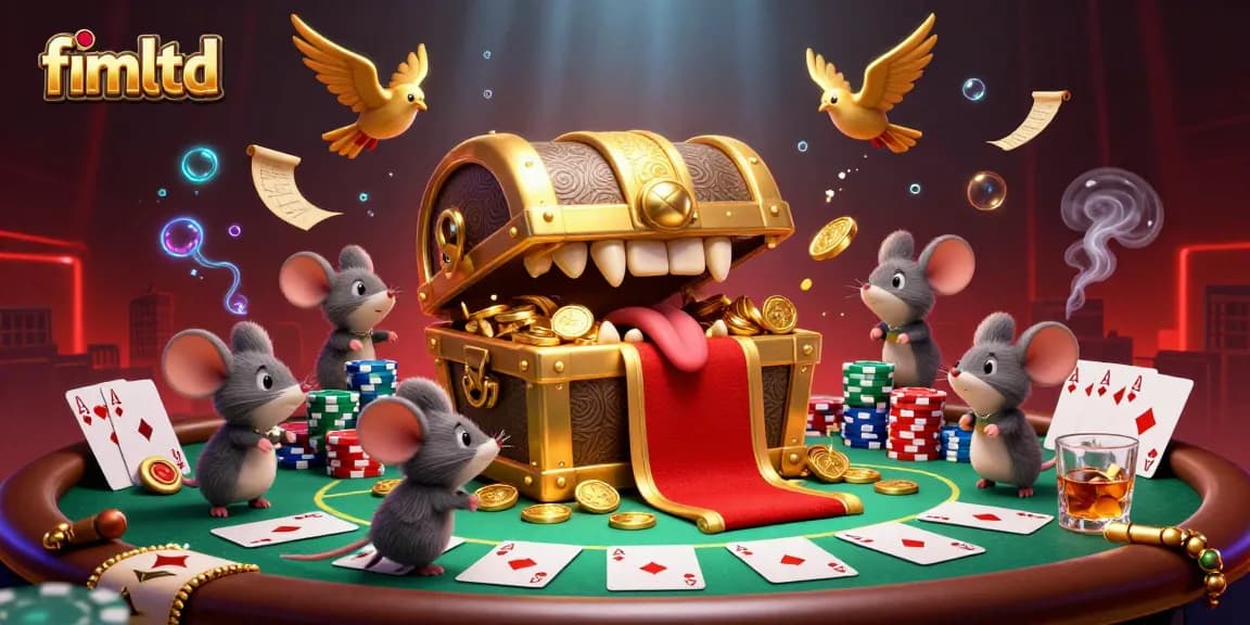 Engage with fimltd's vibrant casino scene, showcasing a treasure chest and poker elements in 3D.
