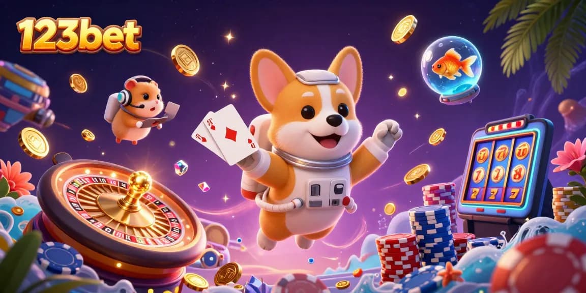 Experience the excitement of 123bet's vibrant casino scene with an astronaut corgi and golden coins.
