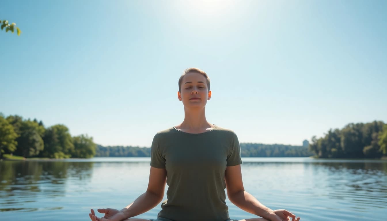 A person meditating by a tranquil lake, symbolizing mental wellness.