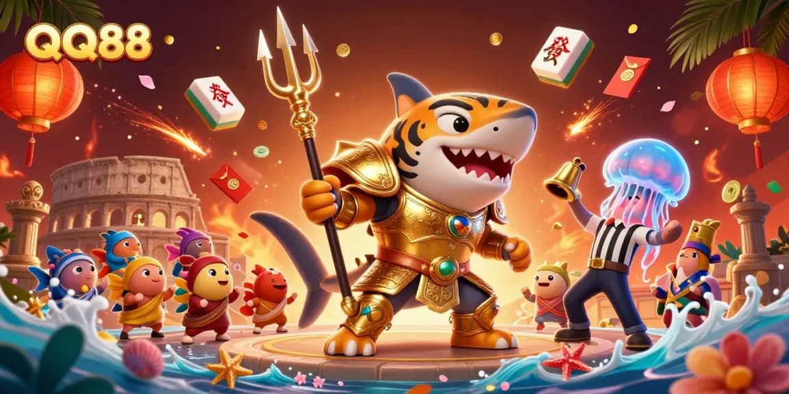 Win big at QQ88's exciting underwater casino adventure featuring a tiger shark and vibrant gaming elements.