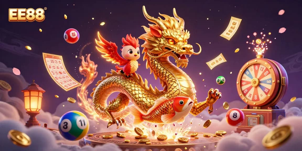 Experience the dynamic gaming world of EE88 with a dragon, phoenix, and koi fish among a shower of coins.