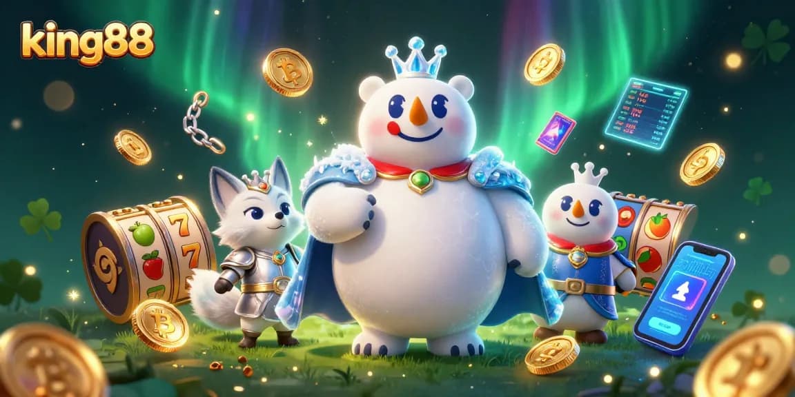 Engage with king88 gaming excitement, featuring an ice king polar bear and snow fox with slot symbols and crypto elements.