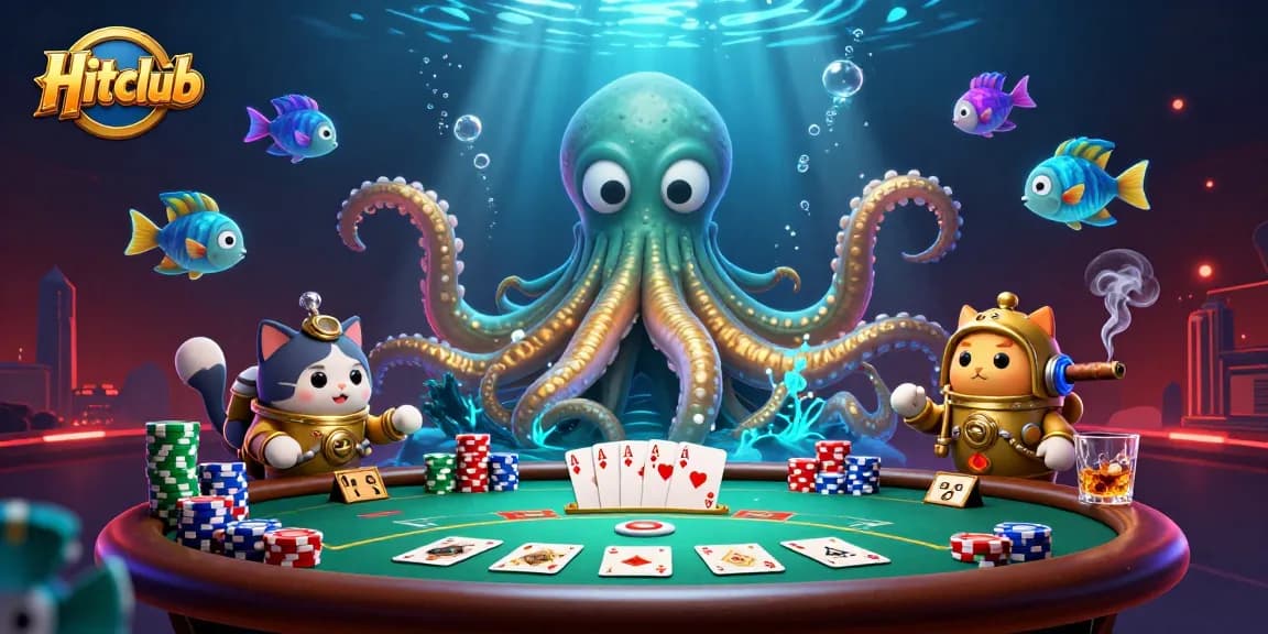 Hitclub players engage with a kraken and diving cat in an underwater casino scene, celebrating big wins.