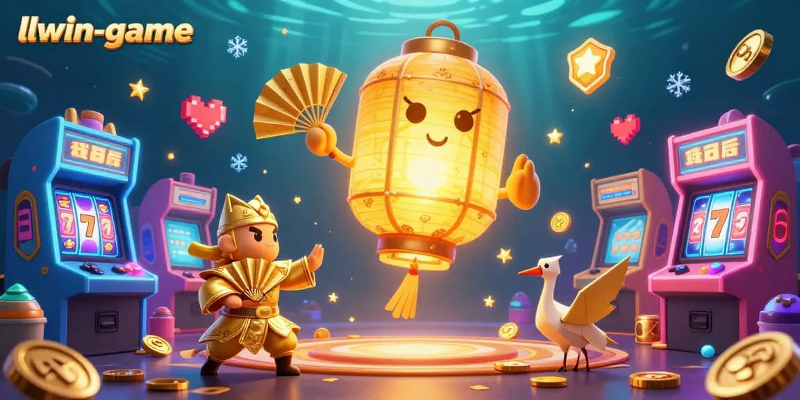 Experience vibrant casino fun with the llwin-game character scenes filled with golden lantern spirits, slot machines, and arcade games.