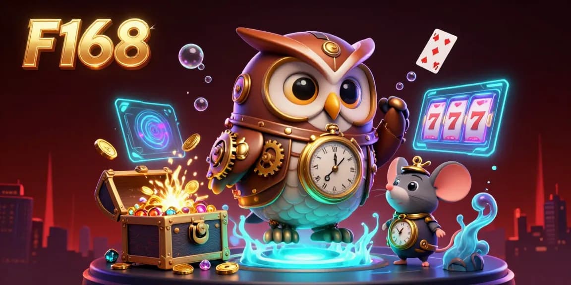 Enhance your gaming experience at F168 with this vibrant casino scene featuring a time-traveler owl.
