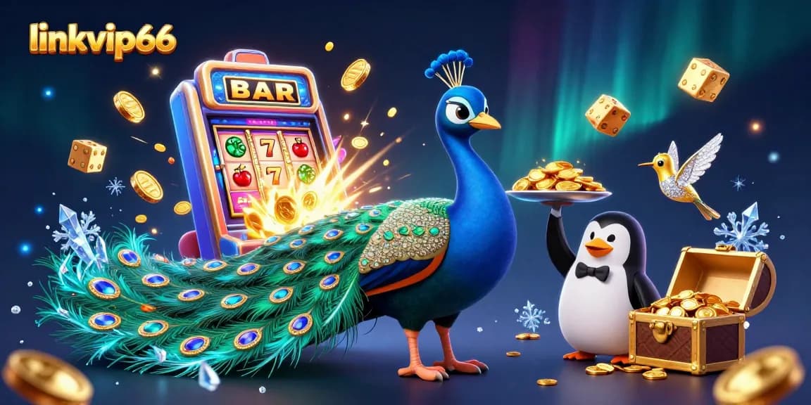 Engage with linkvip66 at this vibrant casino scene filled with a peacock, penguin, and jackpot symbols.
