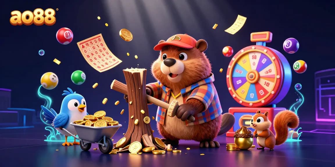 Join the fun at ao88, where the 3D cartoon characters celebrate winning with coins and attractions in a lively casino scene!