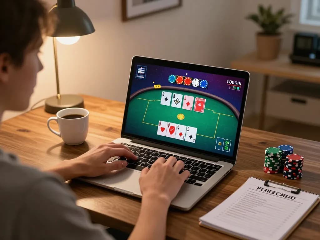 Engaging in online poker gameplay at home using hytw3339, showcasing strategy and comfort