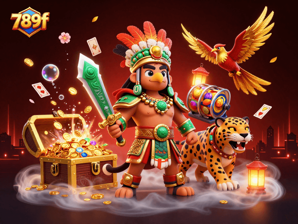 Experience thrilling gameplay with 789f as the Aztec warrior conquers in this vibrant casino illustration.