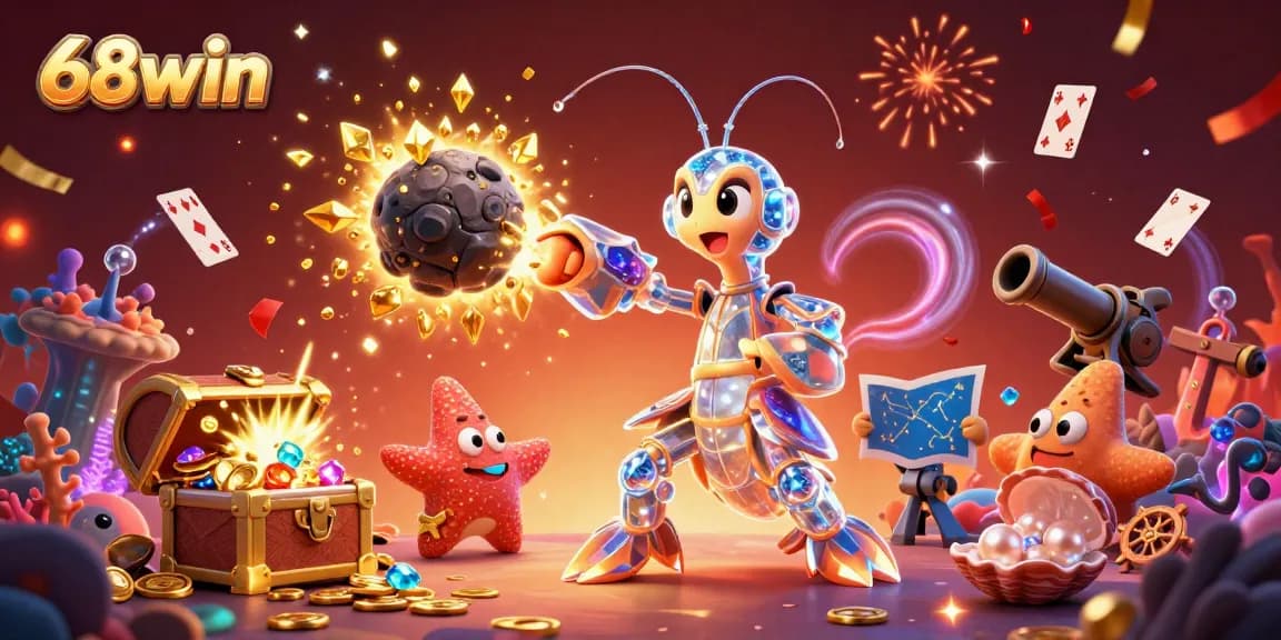 Engage in thrilling gaming action with 68win as a galactic samurai mantis shrimp bursts through crystal asteroids.