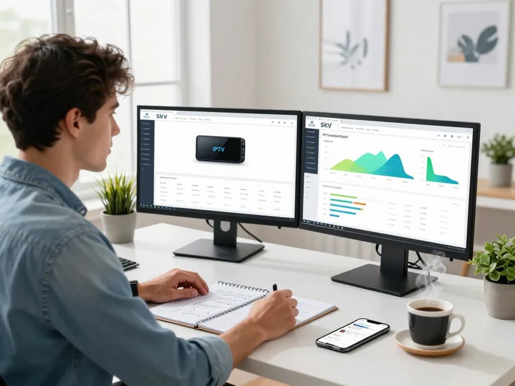 Entrepreneur using Sky Glass IPTV Reseller Panel in a modern office, monitoring subscriptions and analytics.