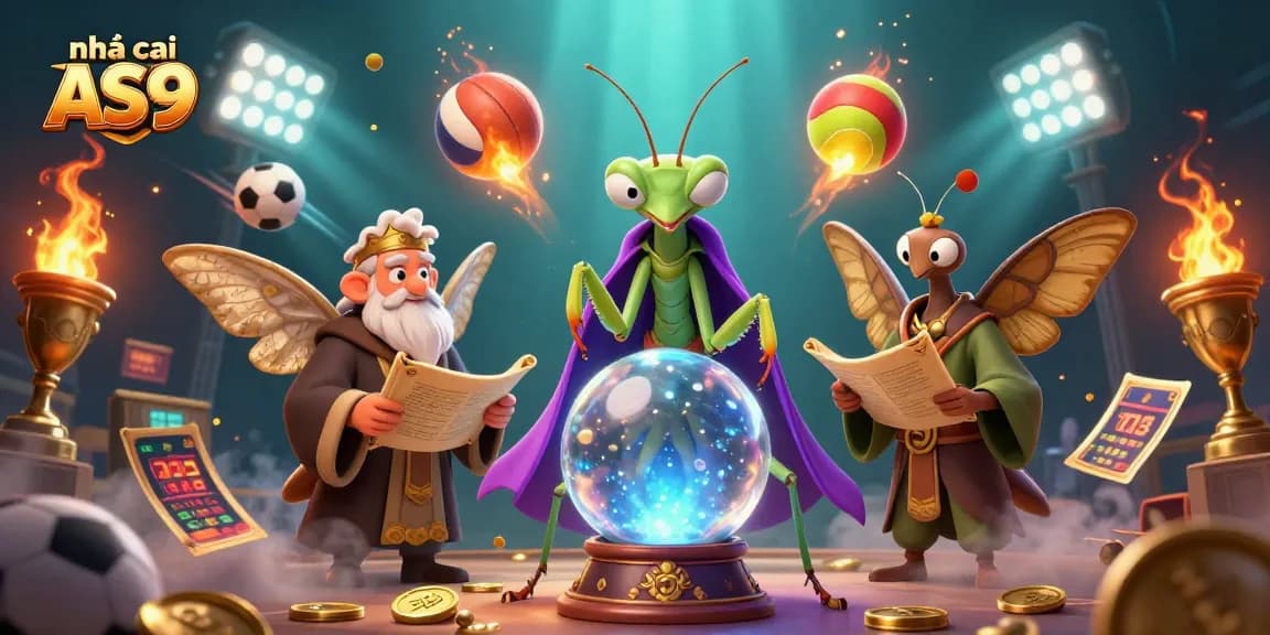 Place bets at nhà cái AS9, featuring a fortune teller and sports elements in a dynamic casino scene.