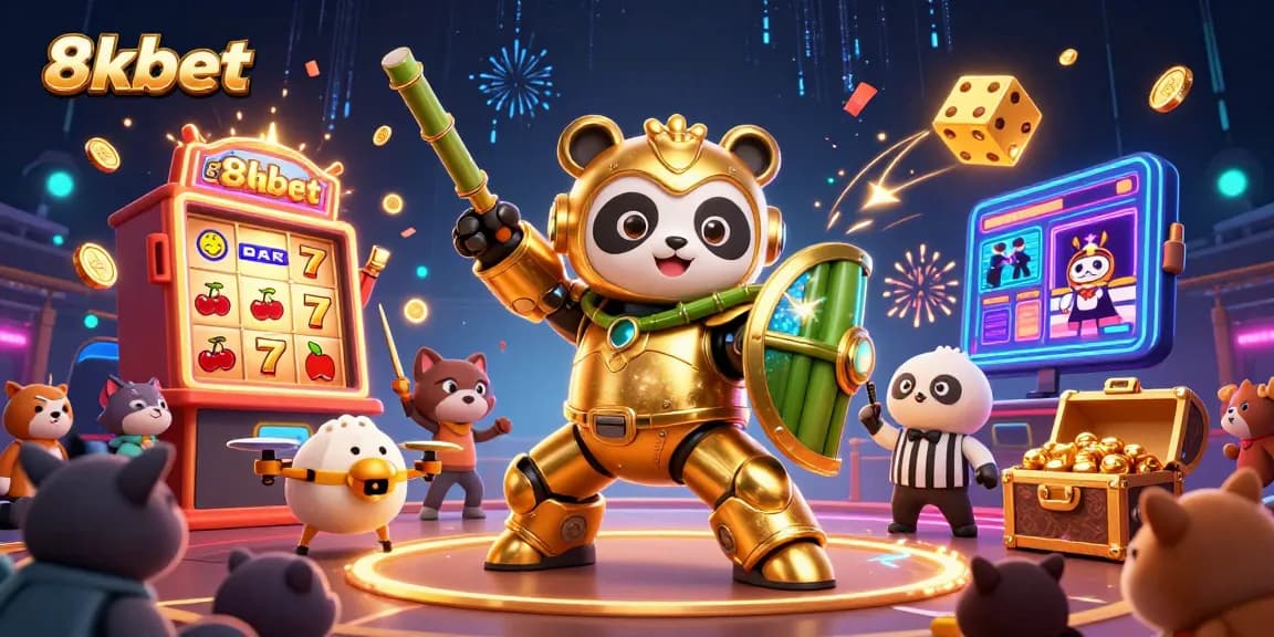 Experience thrilling wins at 8xbet with vibrant casino elements exploding around a golden panda mech!