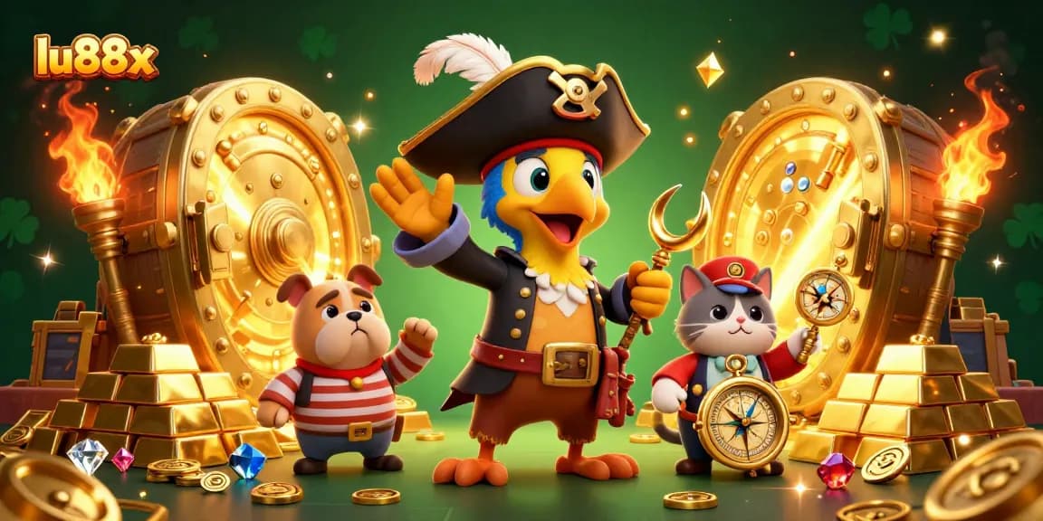 Experience exciting victories with lu88x in this lively 3D casino scene featuring pirate themes and treasure.