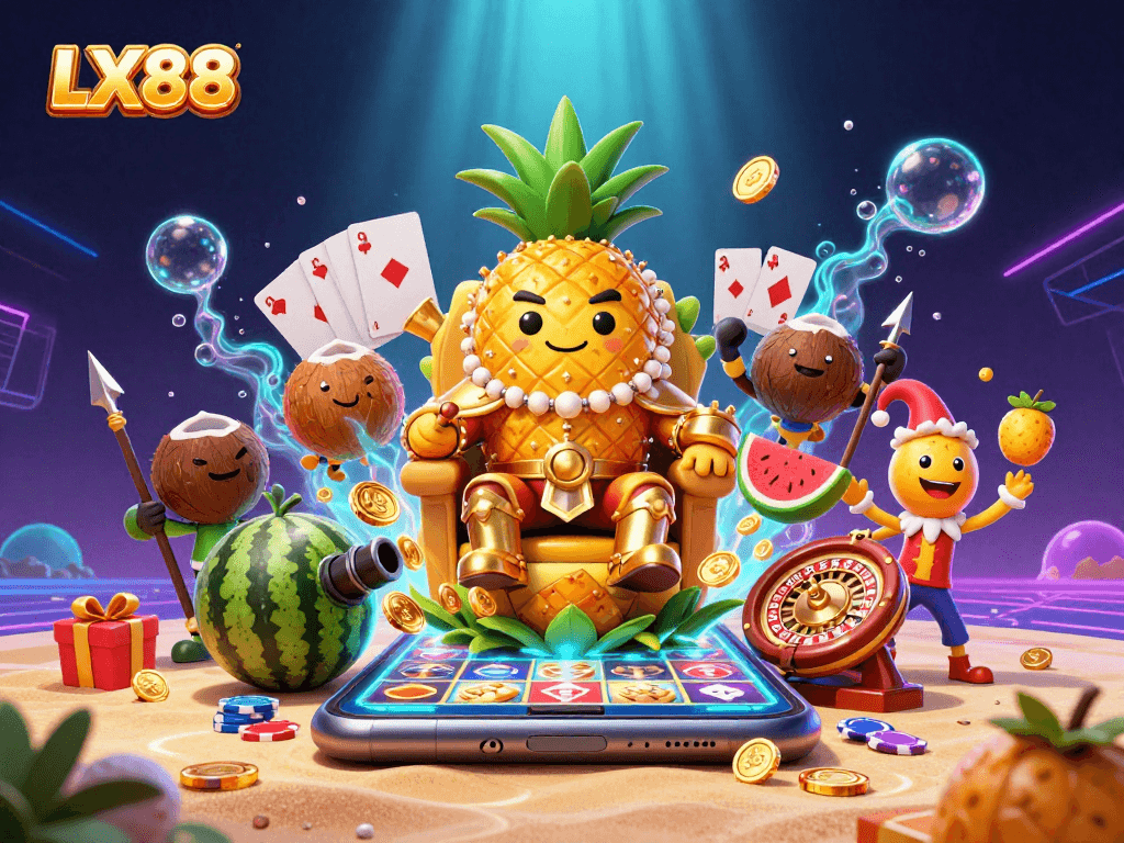 LX88 engages players with an energetic beach casino scene featuring a golden pineapple king and dynamic gaming elements.