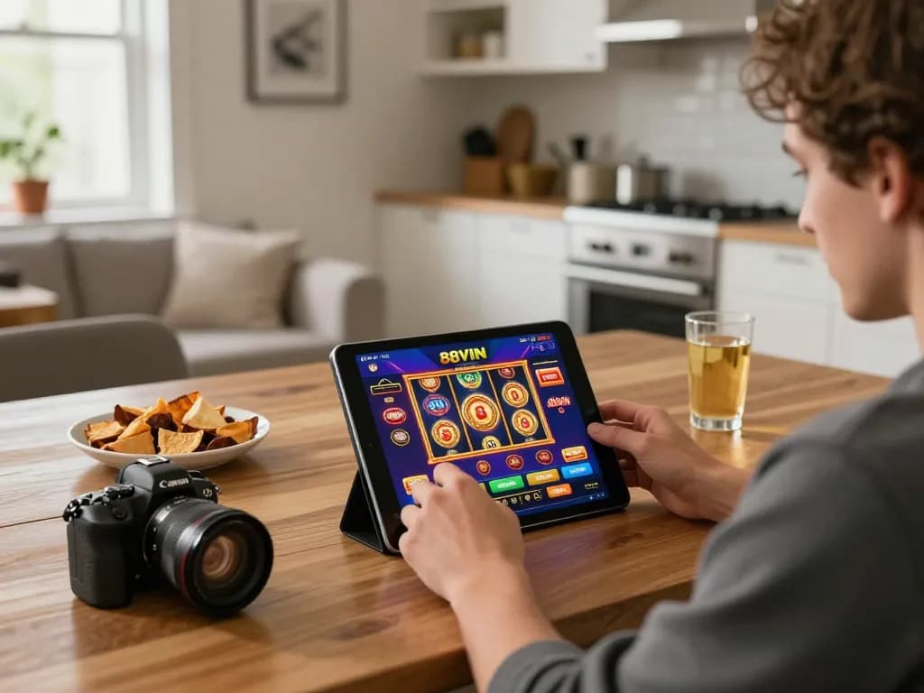 Engaging in strategic gameplay on the 88VIN casino app, highlighting modern home gaming scene.