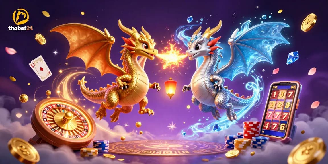 Win big with thabet24, showcasing a vivid casino scene with gold and silver dragons battling amidst gaming treasures.