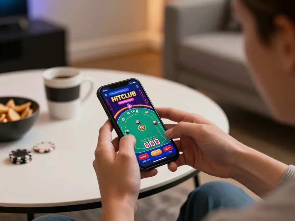 Engaging mobile gaming moment with HITCLUB app on smartphone in a stylish setting.