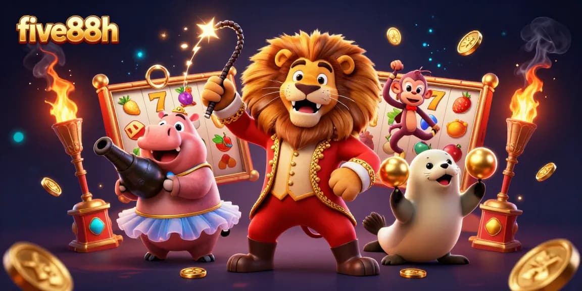 The five88h brand showcases an exciting casino scene with animated characters and vibrant slot game elements.