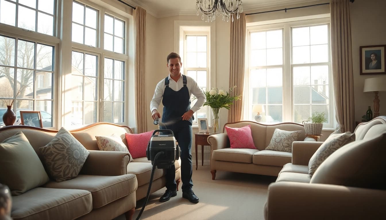 Upholstery cleaning in Glasgow by a technician in a welcoming living room.
