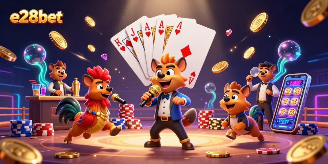 E28bet's lively entertainment scene featuring hyenas as casino staff, showcasing a vibrant gambling atmosphere.