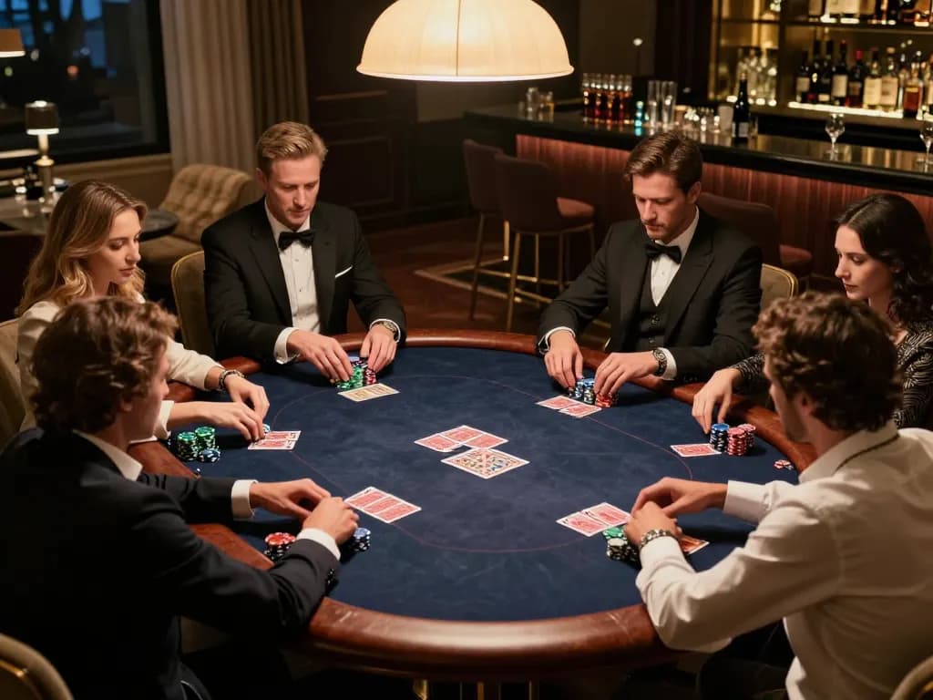 F168 players engaging in an intense poker night surrounded by upscale décor and warm lighting