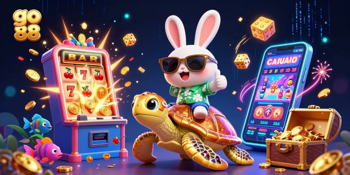 Leap into fun with go 88, featuring a lucky rabbit and golden sea turtle amidst jackpot chaos!