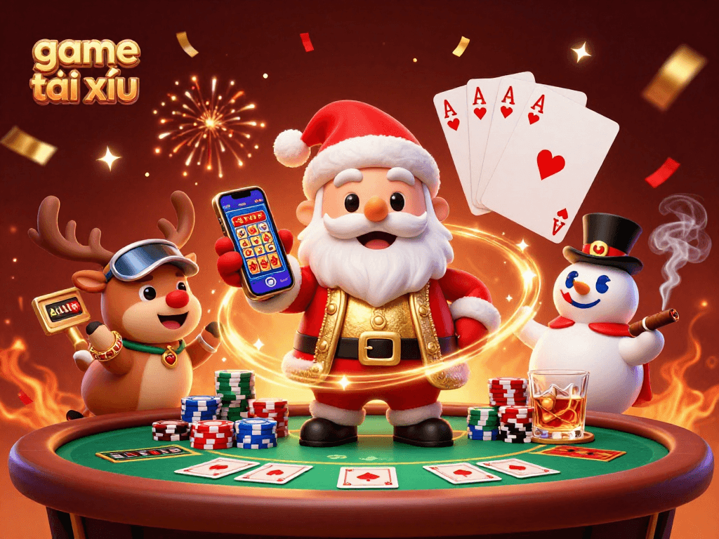 Experience game tài xỉu fun with Santa and friends at a festive casino table, surrounded by vibrant elements.