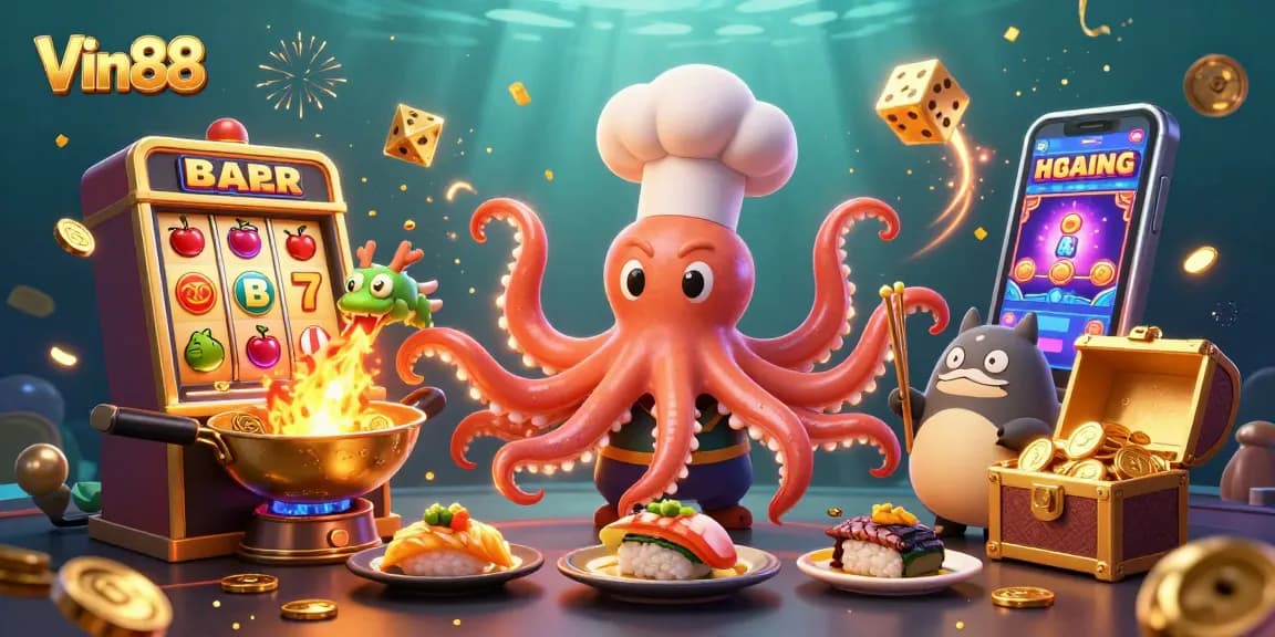 Win big with Vin88 at vibrant casino-themed scene featuring characters and jackpot elements.
