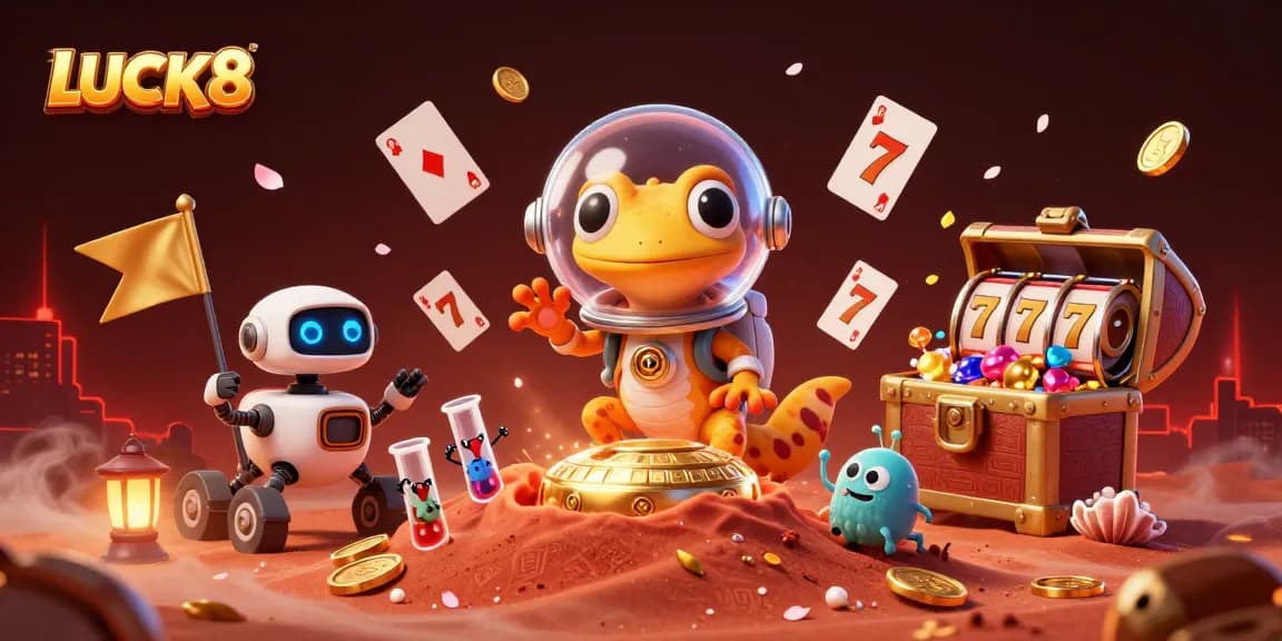 Experience LUCK8 with this energetic illustration of a Martian gecko exploring a golden casino.